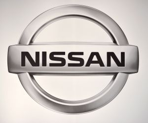 The logo for Nissan on display at the Chicago Auto Show