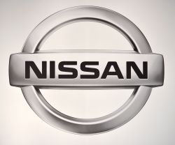The logo for Nissan on display at the Chicago Auto Show